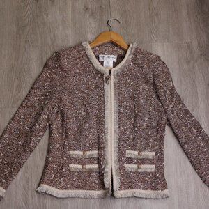 St. John Collection Size 8 Cream/Brown Zip Sweater